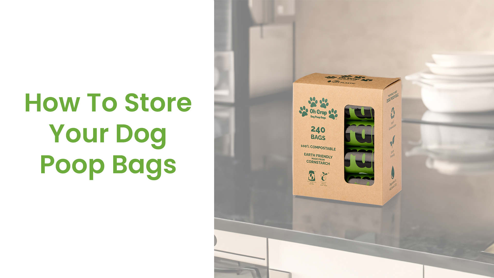 Image of dog poop bags being stored on a kitchen work surface