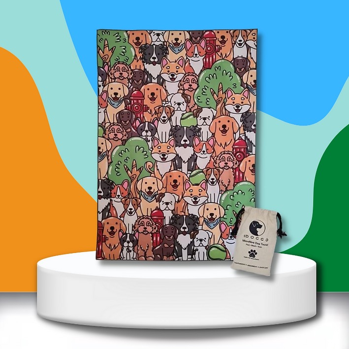 Picture of beach towel from Mr Doggo brand with hundreds of cartoon dogs faces on the front
