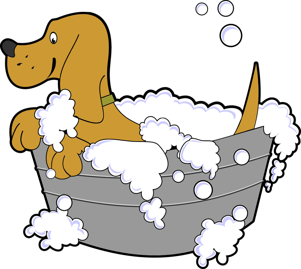 Cartoon of a dog in the bath