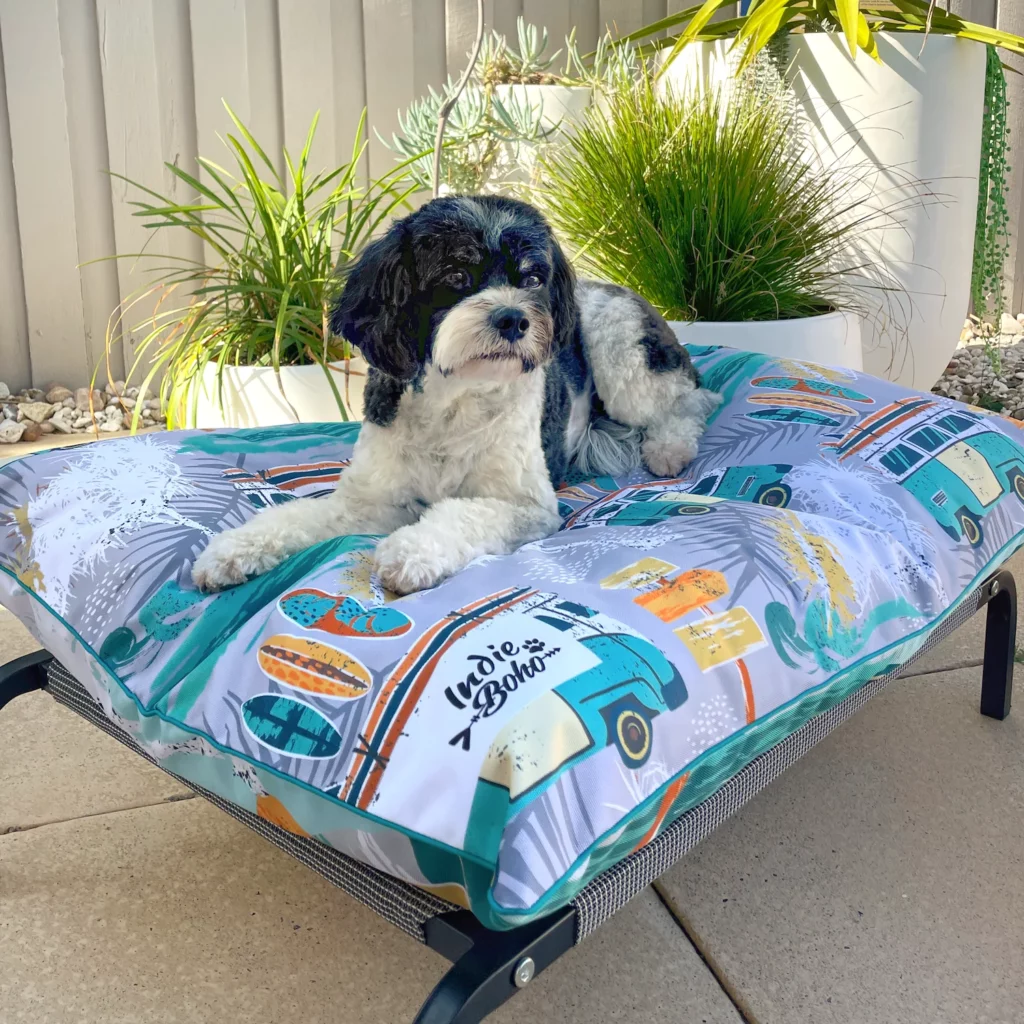 Picture of a dog in the share on an outdoor travel bed